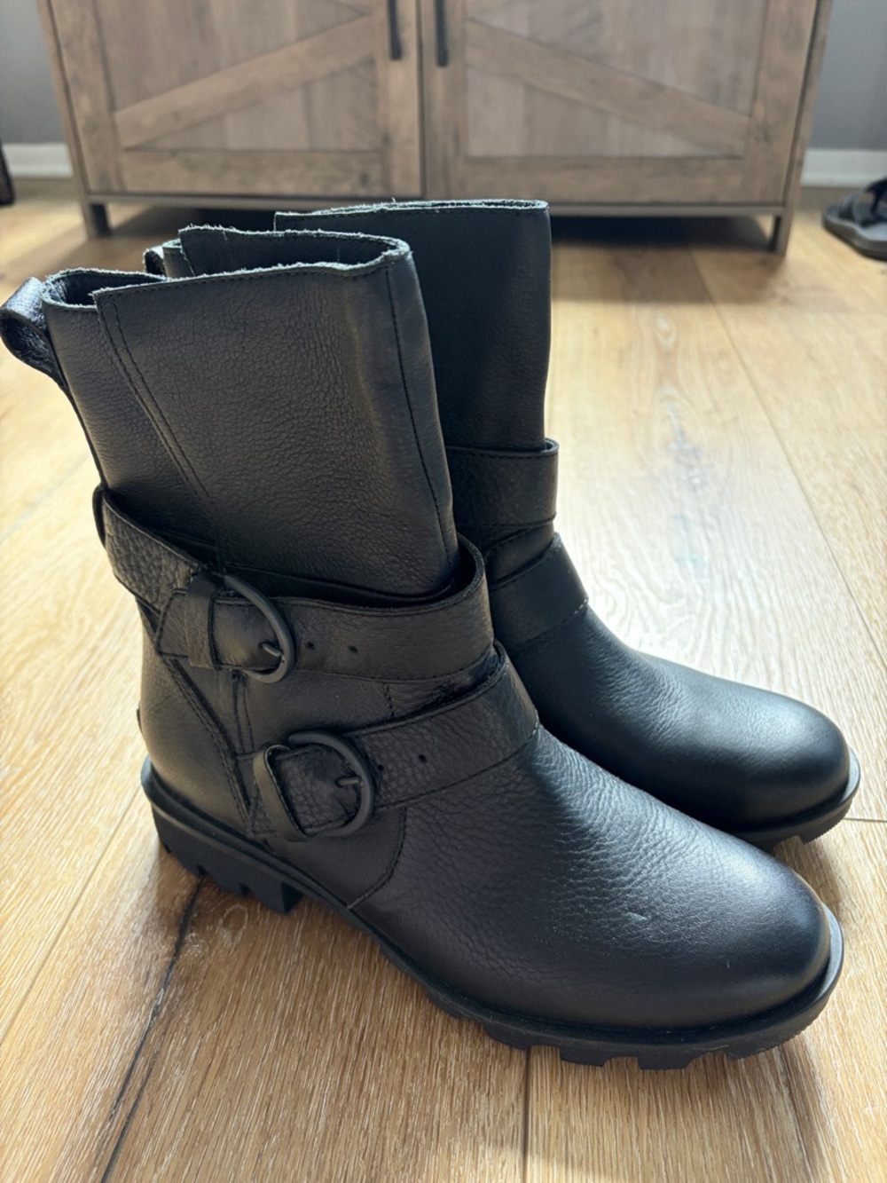 Sorel Phoenix Womens Black Leather Buckle Straps Moto Biker Boots 9